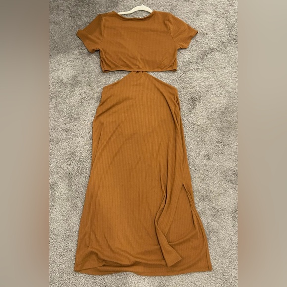 12th Tribe Cut Out Ribbed Midi Dress in Brown - Picture 3 of 4
